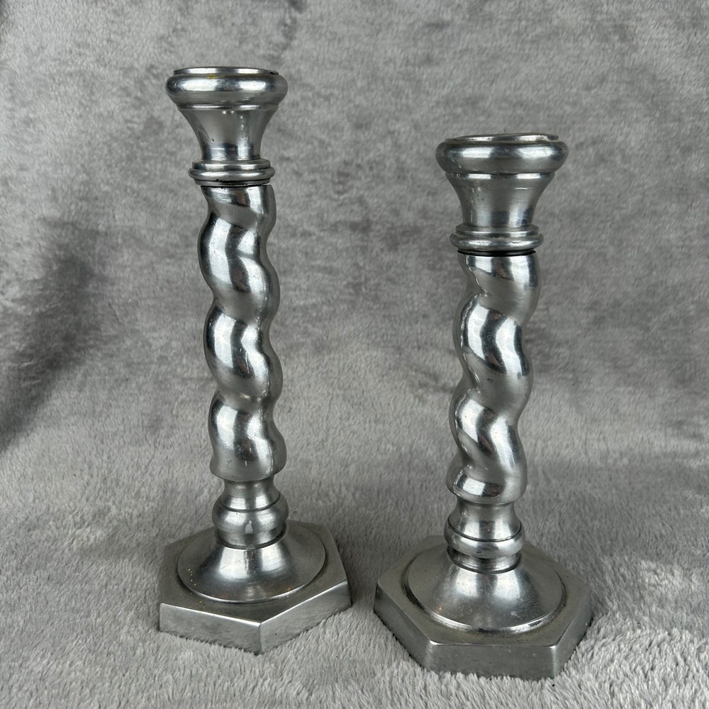 Vintage Cast Aluminum Barley Twist Candlestick Set Silver Spiral Hexagon Base
